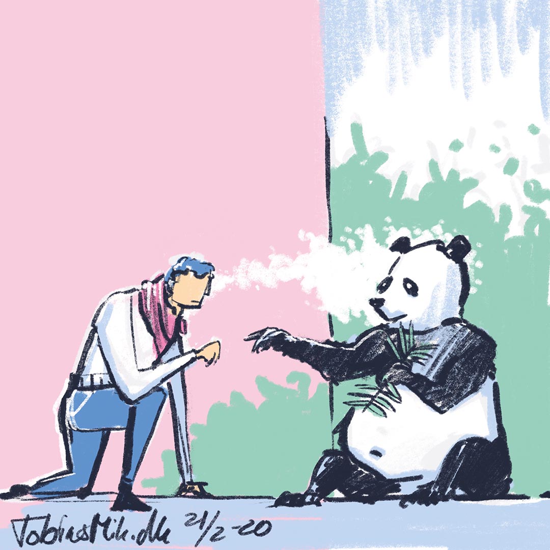Illustration af en knælende mand og en panda. De rækker ud efter hinanden med hænderne og har en mentalforbindelse som er illustreret med et hvidt glow omkring deres hoveder. Pandaen spiser bambus og i baggrunden ser man nogle buske.