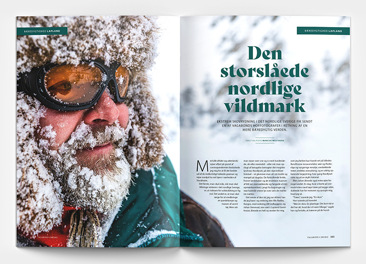 Layout af opslag fra Rejsemagasinet Vagabond med stort foto af mand med skæg og snebriller fra Lapland