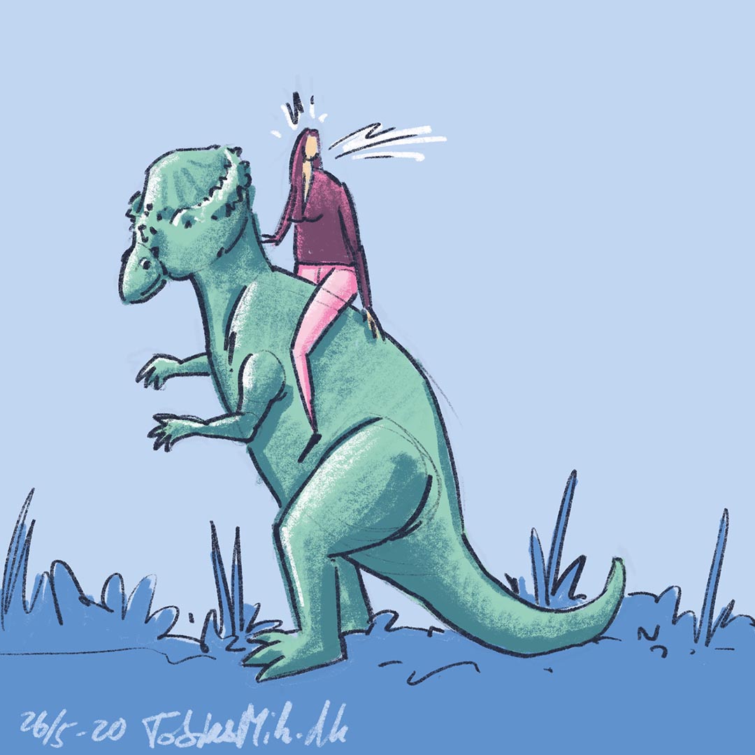 Illustration af en kvinde i lilla tøj der sidder på ryggen af en dinosaurus.