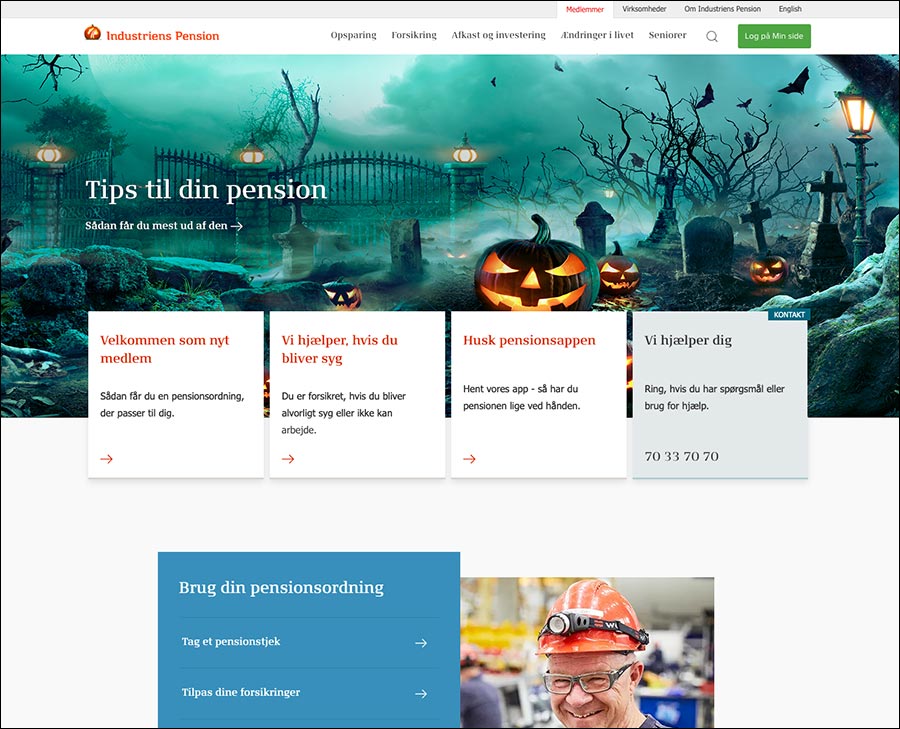 Halloween banner på Industriens Pensions website