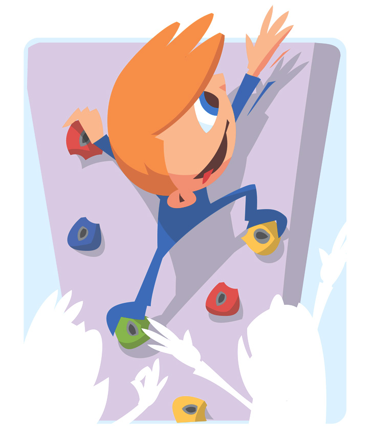 Humoristisk illustration af en dreng der klatrer på en klatrevæg med farvede klodser