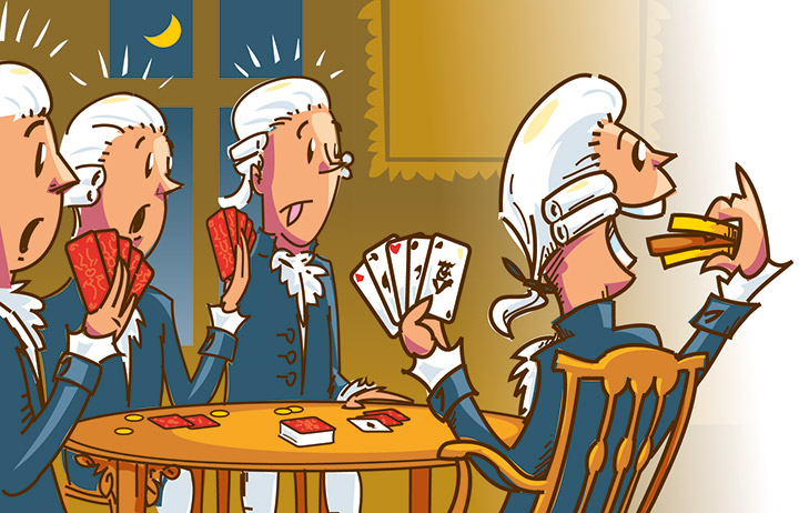 illustration til undervisningsmateriale af engelske adelsmænd som spiller kort og spiser sandwich