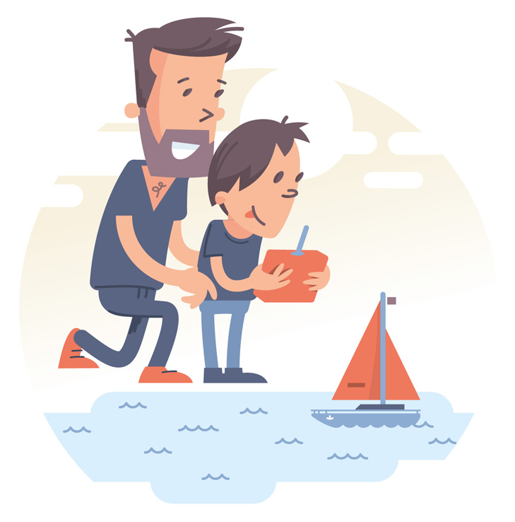 illustration til powerpoint af far og søn der sejler med en fjernstyret seljbåd på en sø
