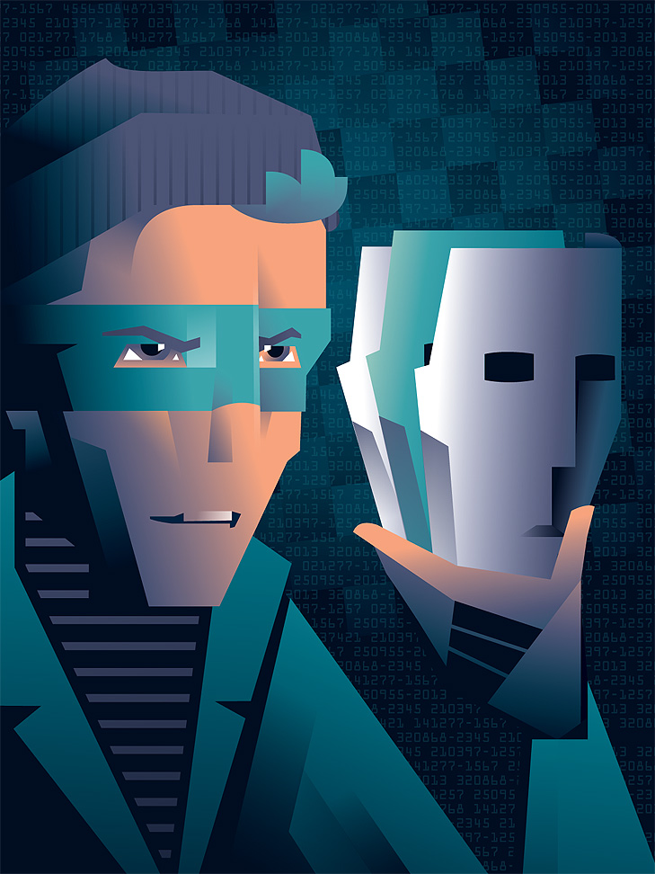 Magasin illustration om digitalt identitetstyveri.  Tyv med onde øjne der holder forskellige teatermasker i hånden.