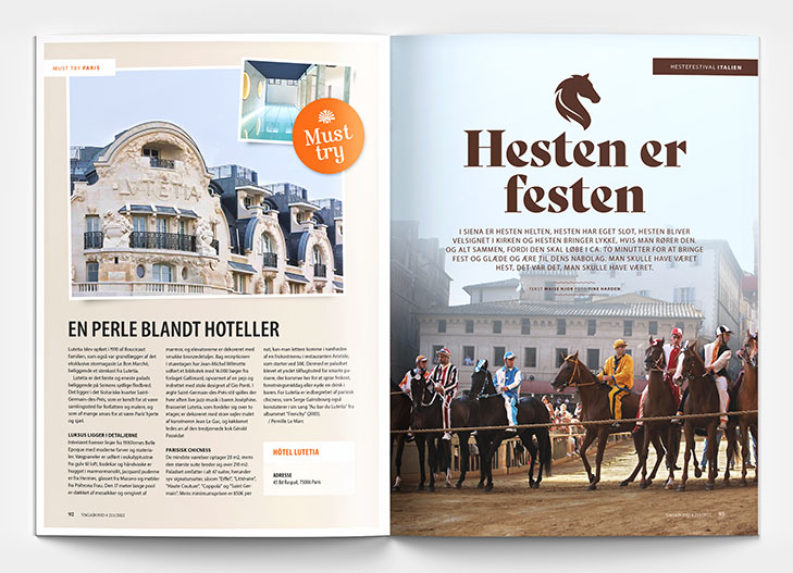 Layout af opslag fra Rejsemagasinet Vagabond med foto fra italiensk hestevæddeløb