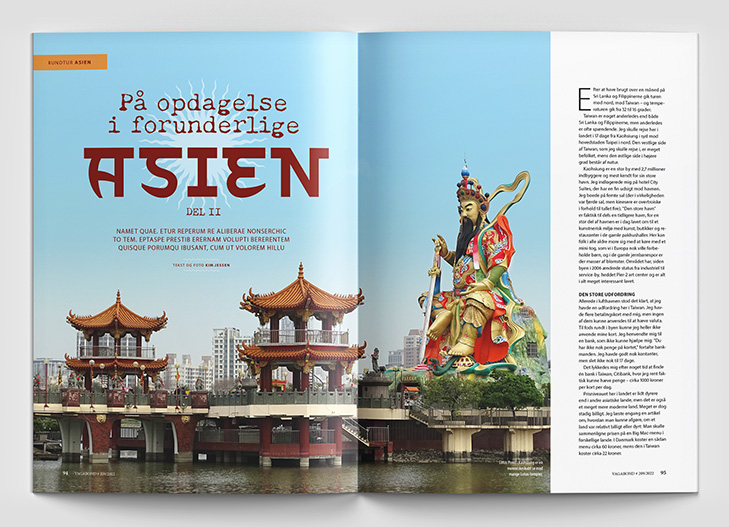 Layout af opslag fra Rejsemagasinet Vagabond med foto af buddhistisk statue og tempel ved en flod