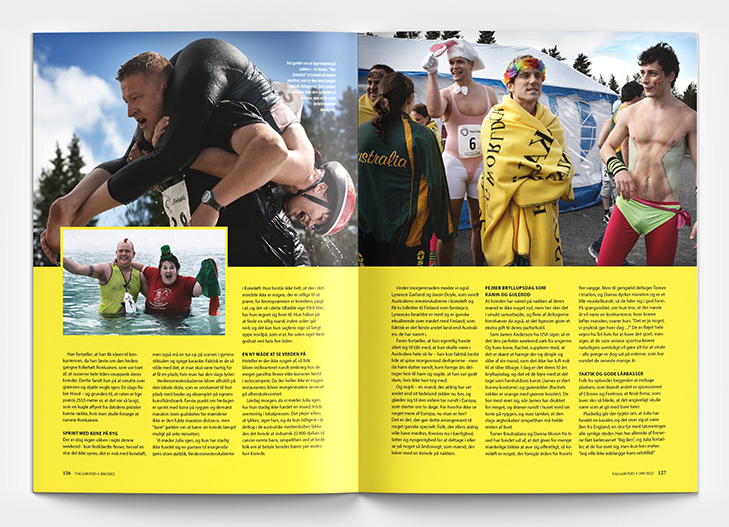 Layout af opslag fra Rejsemagasinet Vagabond med foto af deltagere til koneløb i Finland